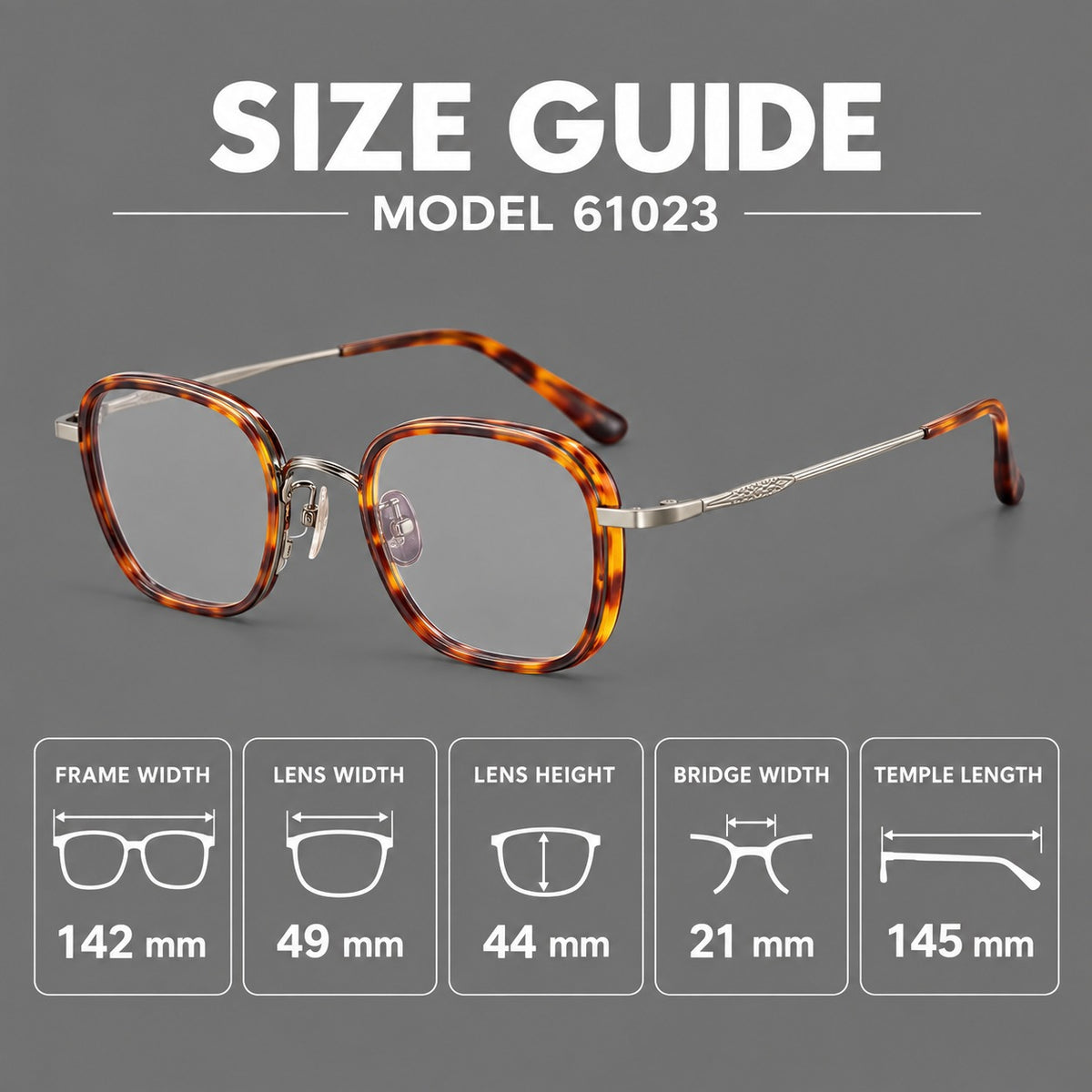 Rounded square eyeglasses in acetate and titanium with an arched bridge and engraved temples, size guide in millimetres