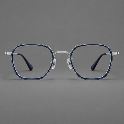 Soft square eyeglasses in acetate and titanium with slim rims and a finely engraved metal bridge in Blue / Silver, front view frame detail