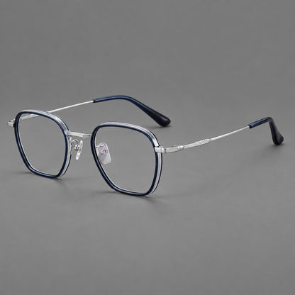 Soft square eyeglasses in acetate and titanium with slim rims and a finely engraved metal bridge in Blue / Silver, three quarter view front view