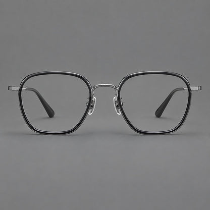 Soft square eyeglasses in acetate and titanium with slim rims and a finely engraved metal bridge in Glossy Black / Gunmetal, front view additional product view