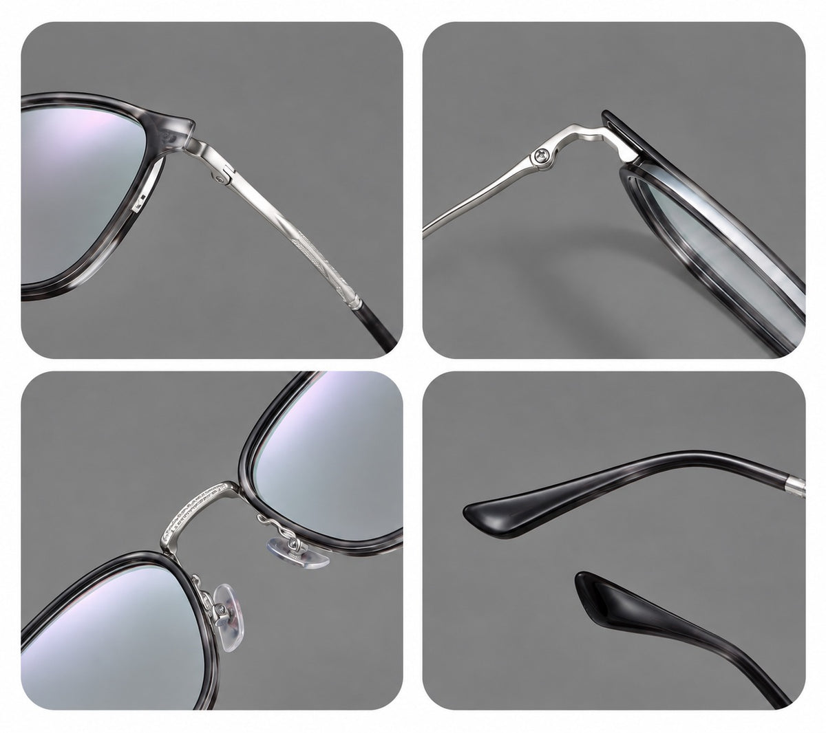 Soft square eyeglasses in acetate and titanium with slim rims and a finely engraved metal bridge, frame details