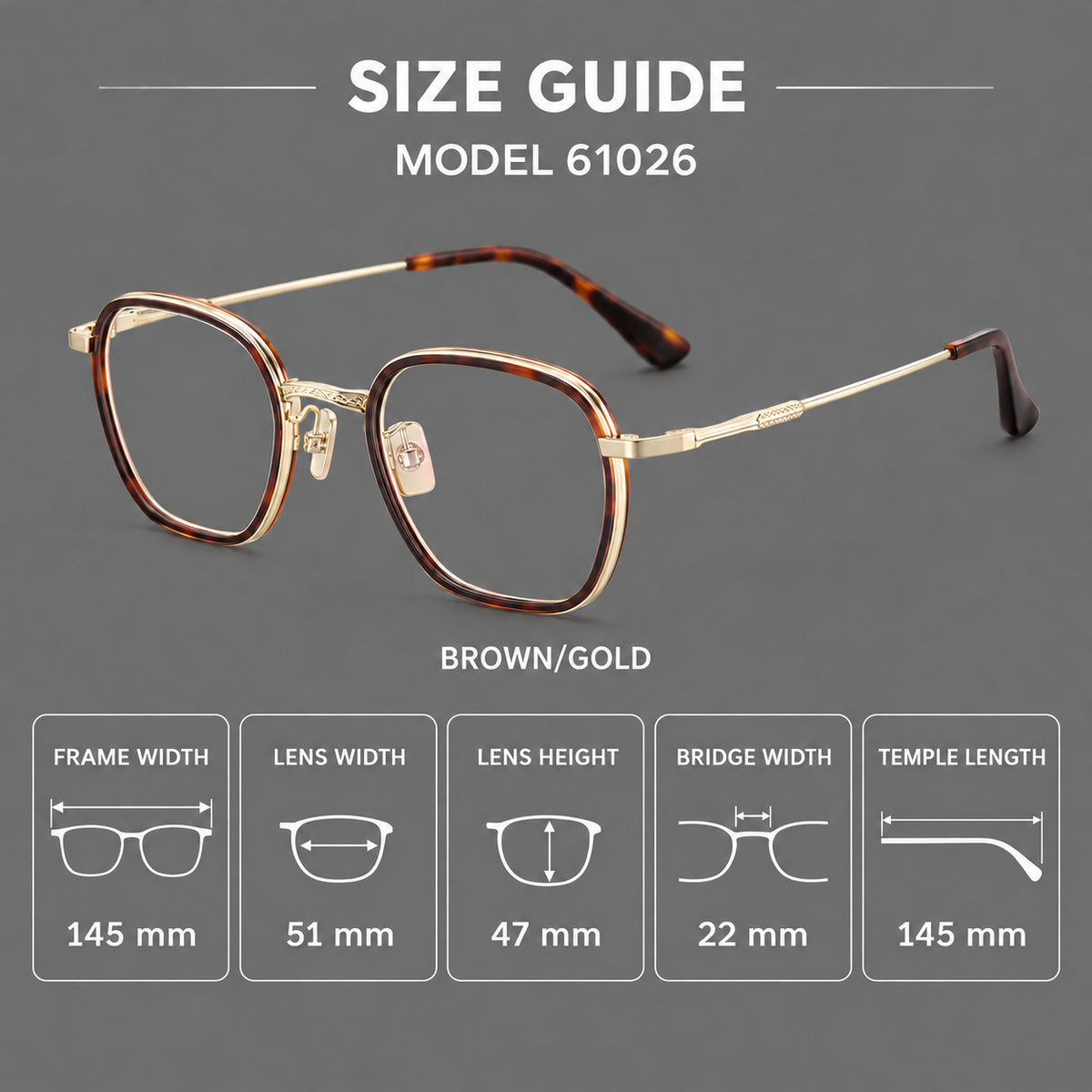 Soft square eyeglasses in acetate and titanium with slim rims and a finely engraved metal bridge, size guide in millimetres