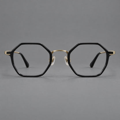 Geometric eyeglasses in acetate and titanium with octagonal rims and a textured metal bridge in Glossy Black / Antique Gold, front view temple detail