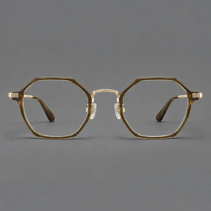 Geometric eyeglasses in acetate and titanium with octagonal rims and a textured metal bridge in Clear Tea Green / Light Gold, front view additional product view