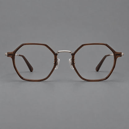 Geometric eyeglasses in acetate and titanium with octagonal rims and a textured metal bridge in Warm Tea Brown / Light Gunmetal, front view additional product view