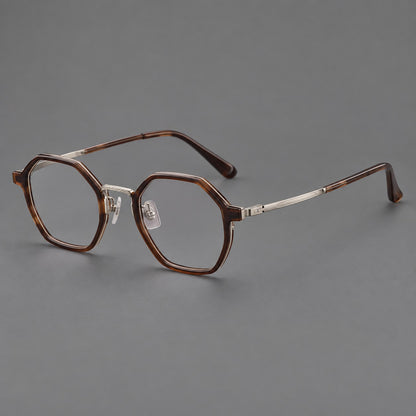 Geometric eyeglasses in acetate and titanium with octagonal rims and a textured metal bridge in Warm Tea Brown / Light Gunmetal, three quarter view additional product view
