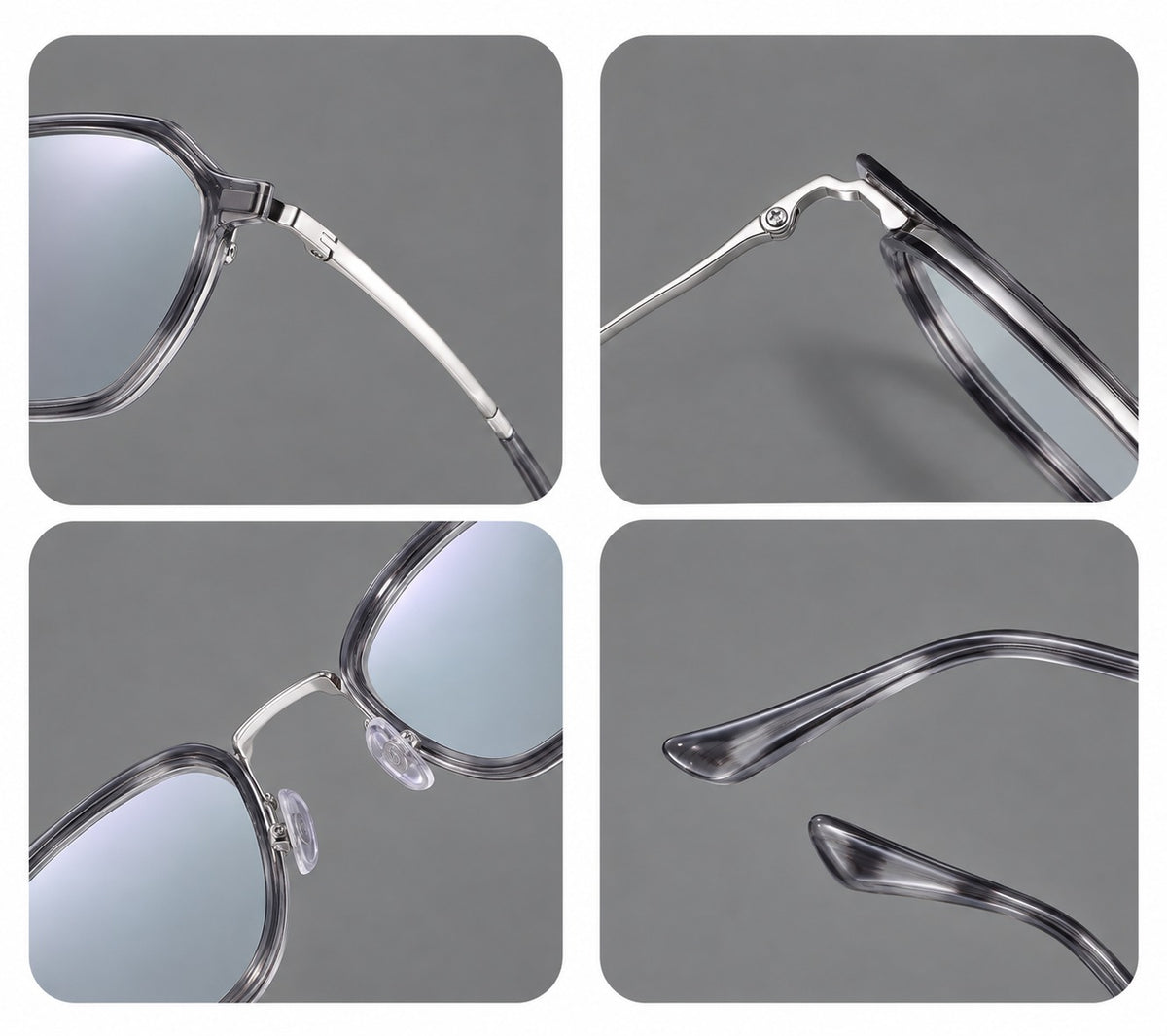 Geometric eyeglasses in acetate and titanium with octagonal rims and a textured metal bridge, frame details