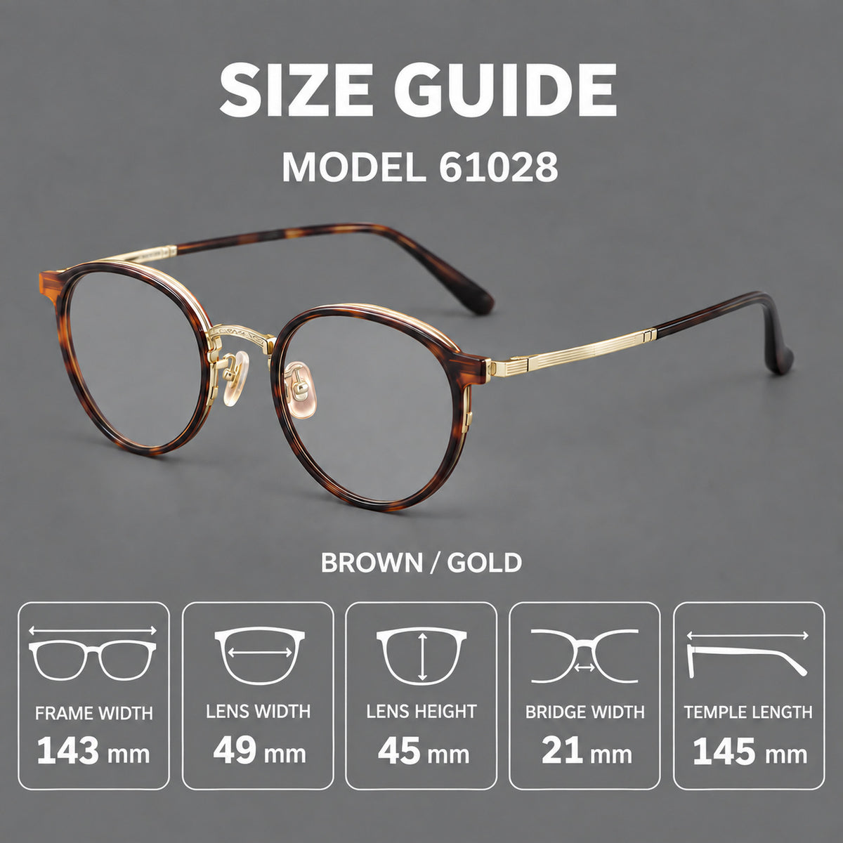 Round eyeglasses in acetate and titanium with widened outer corners and slender metal temples, size guide in millimetres