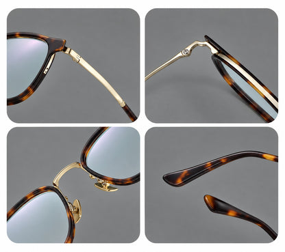 Rounded rectangular eyeglasses in acetate and titanium with bold corners and engraved metal temples, frame details additional product view