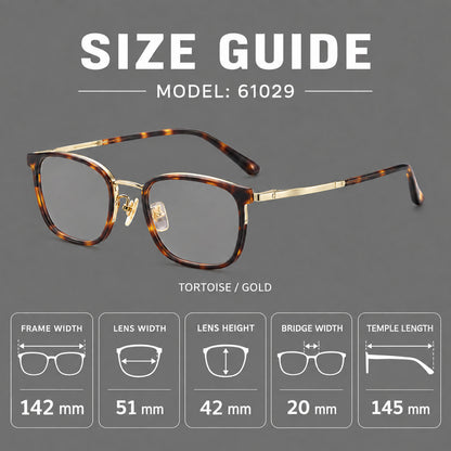 Rounded rectangular eyeglasses in acetate and titanium with bold corners and engraved metal temples, size guide in millimetres additional product view