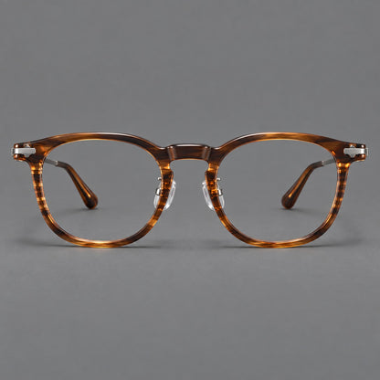 Retro acetate and titanium eyeglasses with soft square rims and sculpted metal corners in Brown Woodgrain / Grey, front view side view