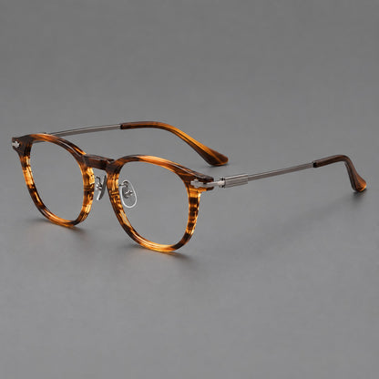 Retro acetate and titanium eyeglasses with soft square rims and sculpted metal corners in Brown Woodgrain / Grey, three quarter view