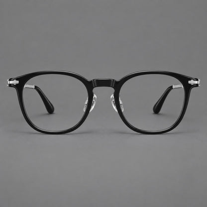 Retro acetate and titanium eyeglasses with soft square rims and sculpted metal corners in Black / Silver, front view frame detail