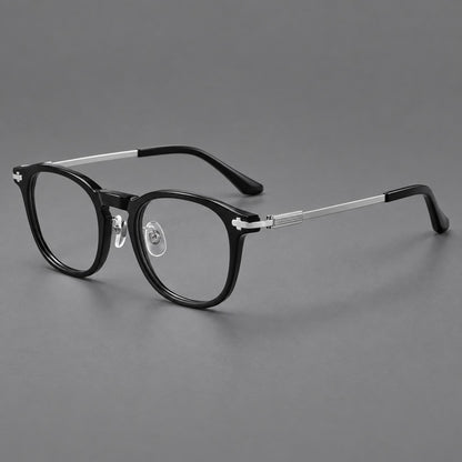 Retro acetate and titanium eyeglasses with soft square rims and sculpted metal corners in Black / Silver, three quarter view front view