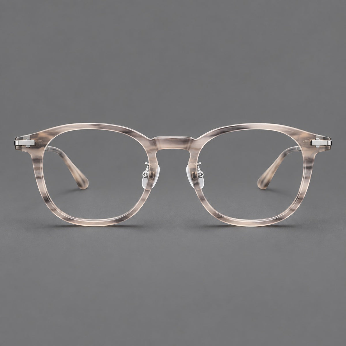 Retro acetate and titanium eyeglasses with soft square rims and sculpted metal corners in Grey Woodgrain / Silver, front view