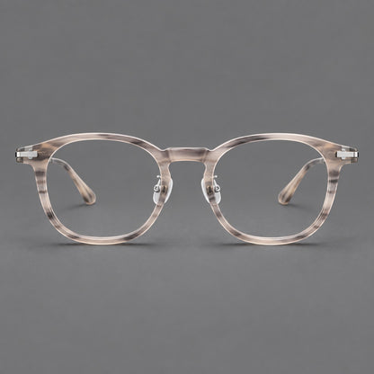 Retro acetate and titanium eyeglasses with soft square rims and sculpted metal corners in Grey Woodgrain / Silver, front view temple detail