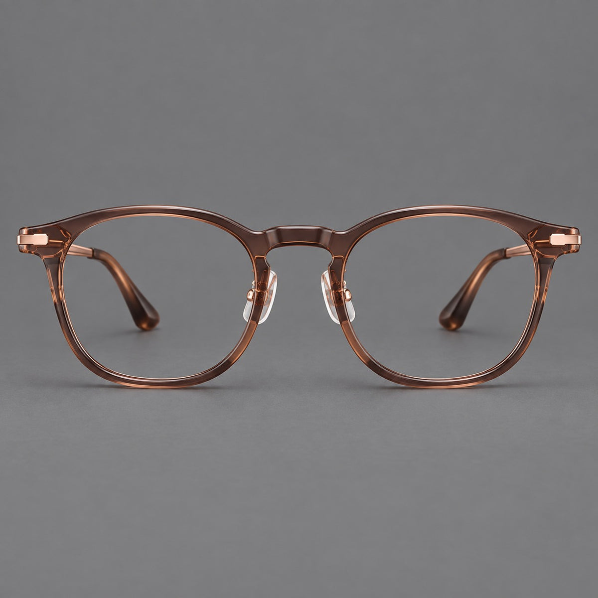 Retro acetate and titanium eyeglasses with soft square rims and sculpted metal corners in Dark Tea / Rose Gold, front view