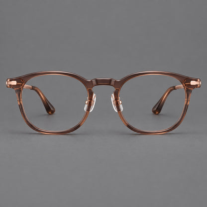 Retro acetate and titanium eyeglasses with soft square rims and sculpted metal corners in Dark Tea / Rose Gold, front view additional product view