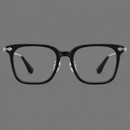 Classic acetate and titanium eyeglasses with broad square rims and textured metal temples in Black / Silver, front view temple detail
