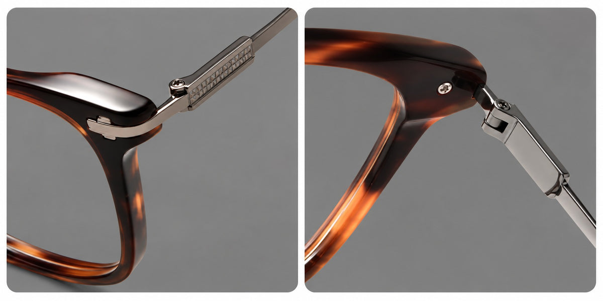 Classic acetate and titanium eyeglasses with broad square rims and textured metal temples, frame details