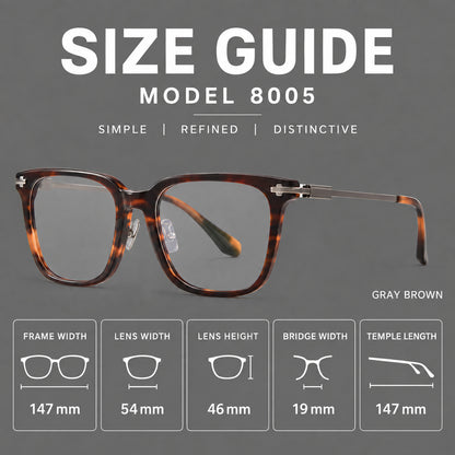 Classic acetate and titanium eyeglasses with broad square rims and textured metal temples, size guide in millimetres additional product view