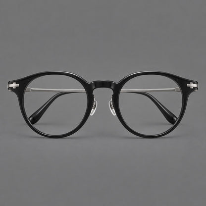 Retro acetate and titanium eyeglasses with round rims and a pronounced keyhole bridge in Black / Grey, front view frame detail