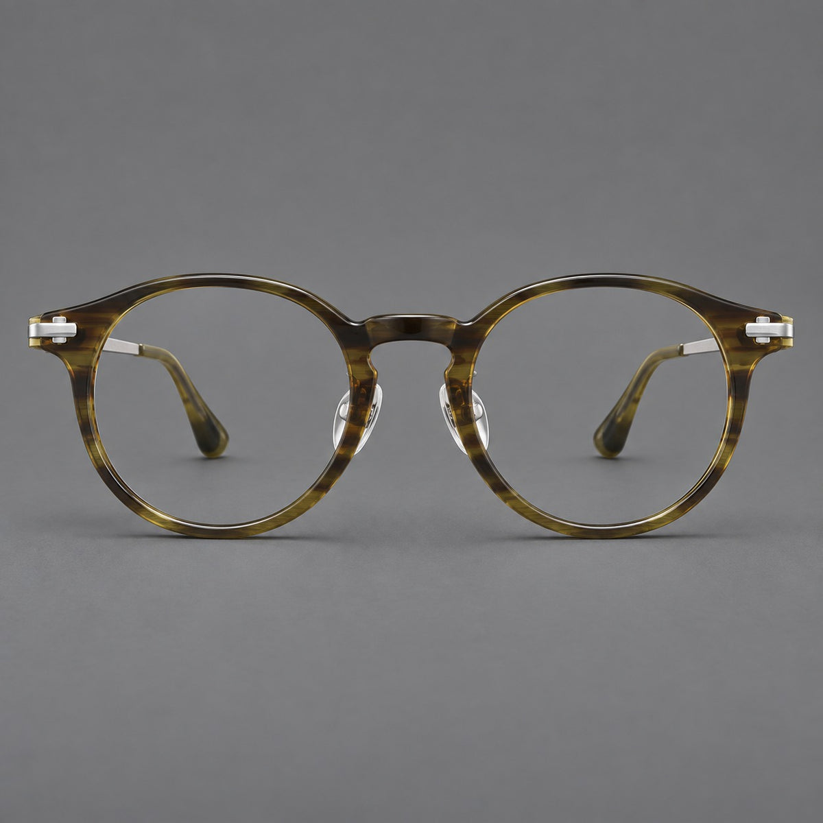 Retro acetate and titanium eyeglasses with round rims and a pronounced keyhole bridge in Olive Woodgrain / Silver, front view