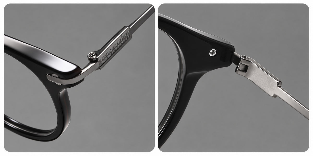 Retro acetate and titanium eyeglasses with round rims and a pronounced keyhole bridge, frame details