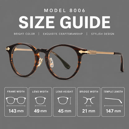 Retro acetate and titanium eyeglasses with round rims and a pronounced keyhole bridge, size guide in millimetres additional product view