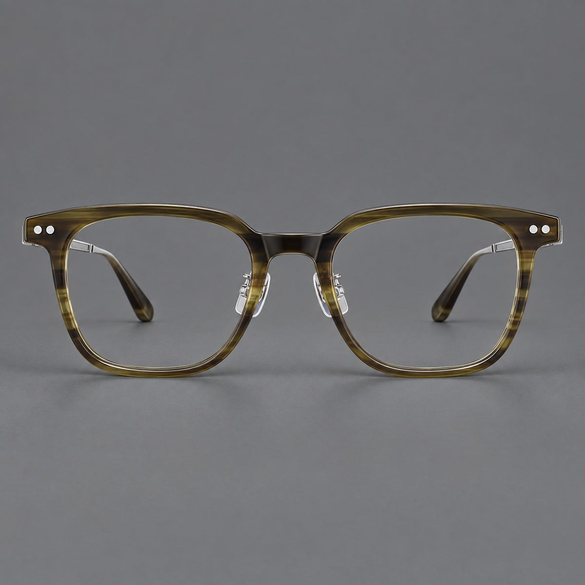 Classic acetate and titanium eyeglasses with squared brows and paired corner rivets in Olive Woodgrain / Silver, front view