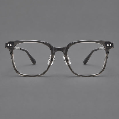 Classic acetate and titanium eyeglasses with squared brows and paired corner rivets in Clear Grey / Silver, front view additional product view