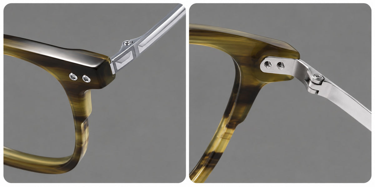 Classic acetate and titanium eyeglasses with squared brows and paired corner rivets, frame details