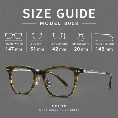 Classic acetate and titanium eyeglasses with squared brows and paired corner rivets, size guide in millimetres additional product view