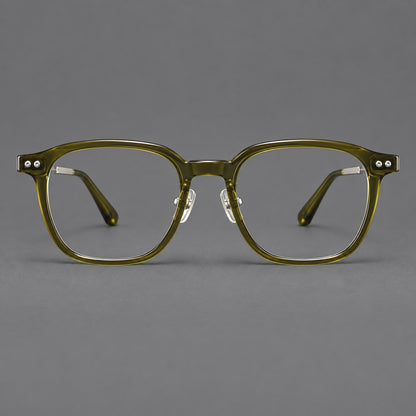 Vintage acetate and titanium eyeglasses with rounded square rims and slotted metal temples in Clear Olive Green / Silver, front view temple detail