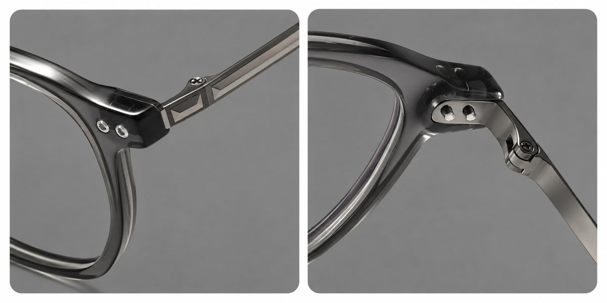 Vintage acetate and titanium eyeglasses with rounded square rims and slotted metal temples, frame details