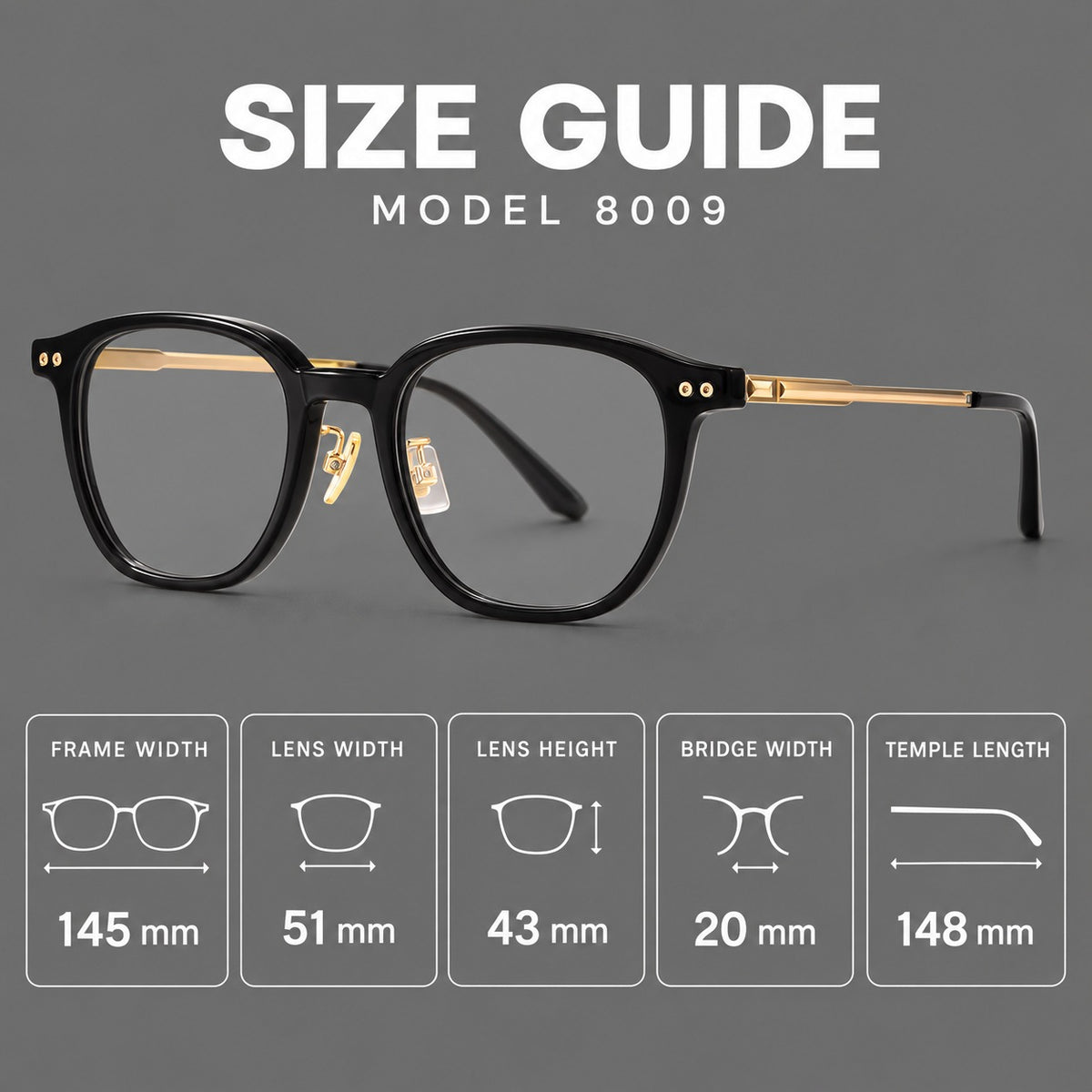 Vintage acetate and titanium eyeglasses with rounded square rims and slotted metal temples, size guide in millimetres