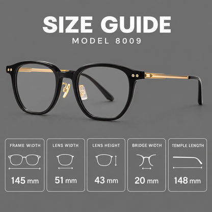 Vintage acetate and titanium eyeglasses with rounded square rims and slotted metal temples, size guide in millimetres additional product view