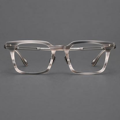 Modern acetate and titanium eyeglasses with angular square rims and curved metal hinges in Striped Grey / Brushed Grey, front view side view