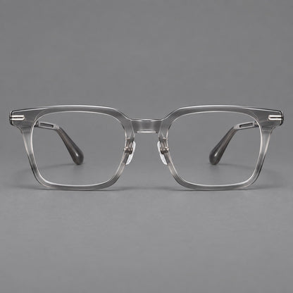 Modern acetate and titanium eyeglasses with angular square rims and curved metal hinges in Clear Grey, front view additional product view