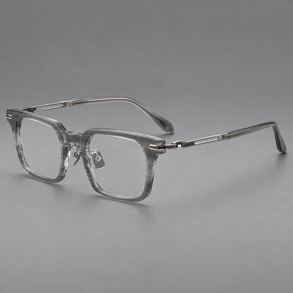 Modern acetate and titanium eyeglasses with angular square rims and curved metal hinges in Clear Grey, three quarter view additional product view