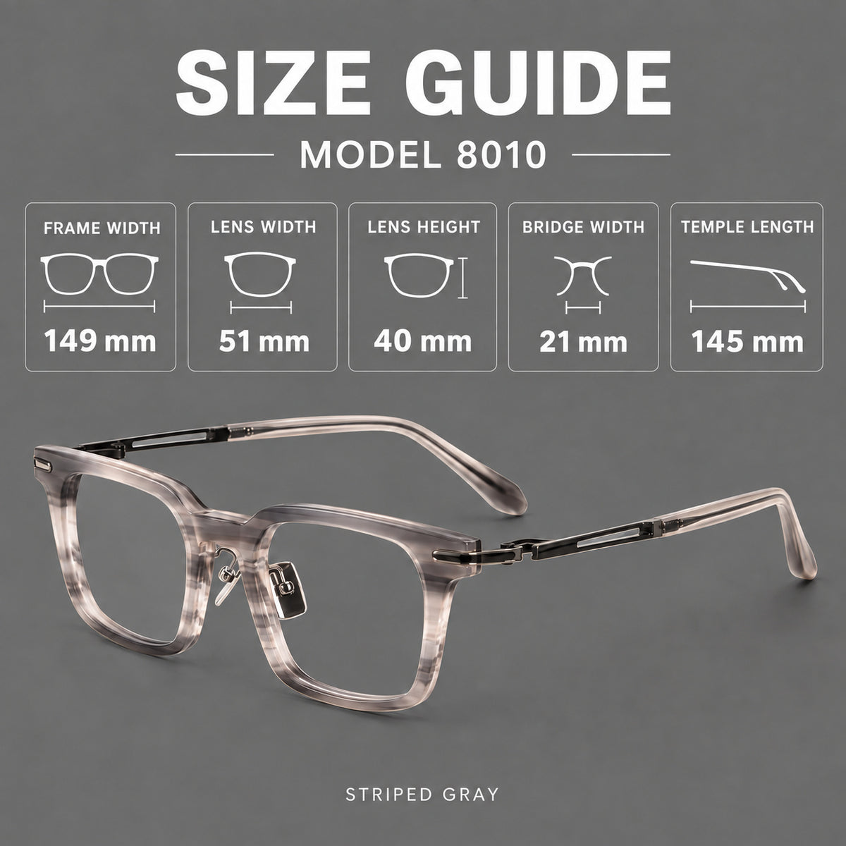 Modern acetate and titanium eyeglasses with angular square rims and curved metal hinges, size guide in millimetres