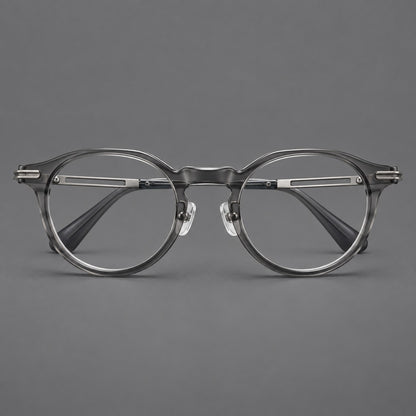 Retro acetate and titanium eyeglasses with round rims and distinctive looped metal joints in Clear Grey / Brushed Grey, front view temple detail