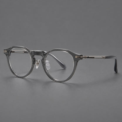 Retro acetate and titanium eyeglasses with round rims and distinctive looped metal joints in Clear Grey / Brushed Grey, three quarter view lens detail
