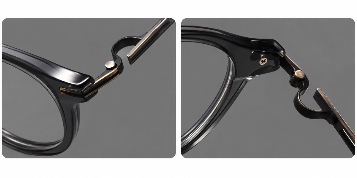 Retro acetate and titanium eyeglasses with round rims and distinctive looped metal joints, frame details