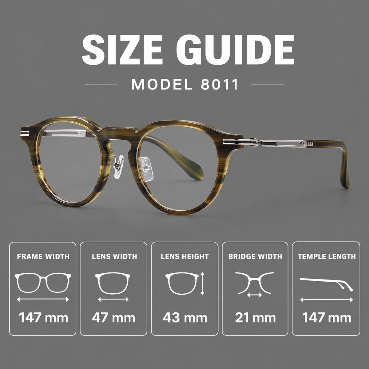 Retro acetate and titanium eyeglasses with round rims and distinctive looped metal joints, size guide in millimetres
