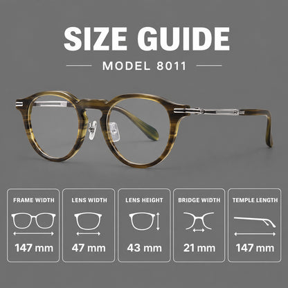 Retro acetate and titanium eyeglasses with round rims and distinctive looped metal joints, size guide in millimetres additional product view