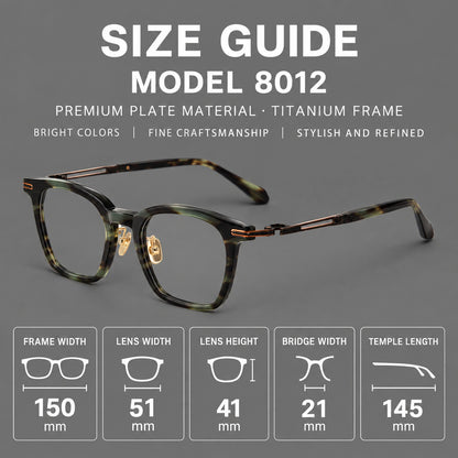 Acetate and titanium eyeglasses with rounded rectangular rims and sculpted open loop joints, size guide in millimetres additional product view