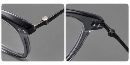 Retro acetate and titanium eyeglasses with gently squared rims and circular metal hinges, frame details additional product view