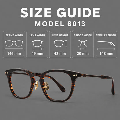 Retro acetate and titanium eyeglasses with gently squared rims and circular metal hinges, size guide in millimetres additional product view