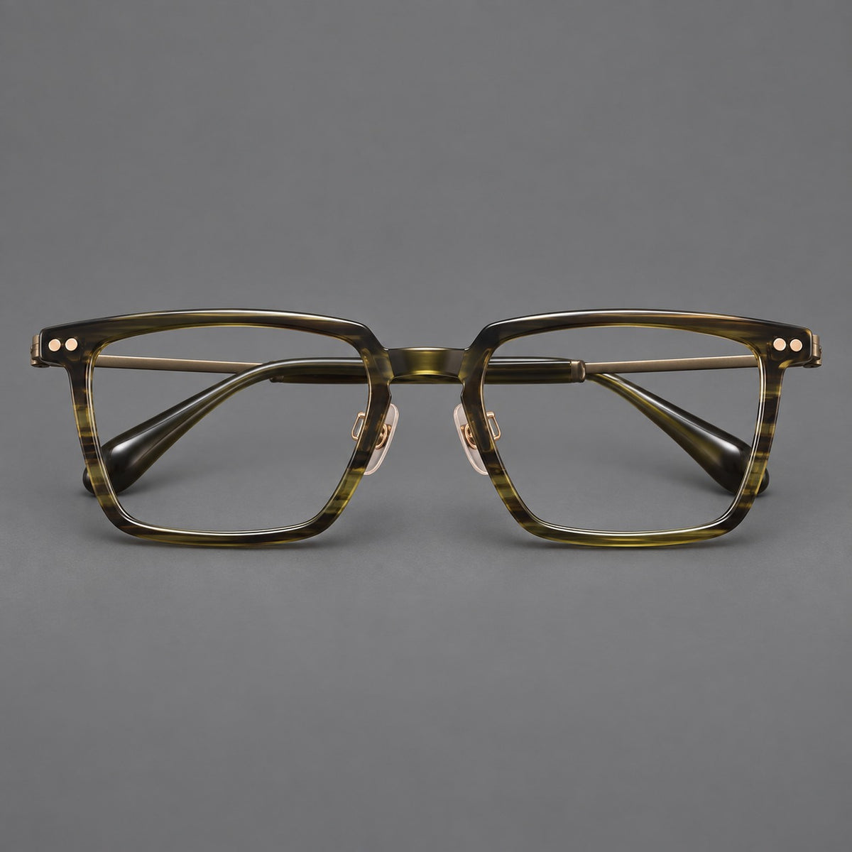 Classic acetate and titanium eyeglasses with a straight brow and rounded rectangular rims in Striped Olive Green / Bronze, front view